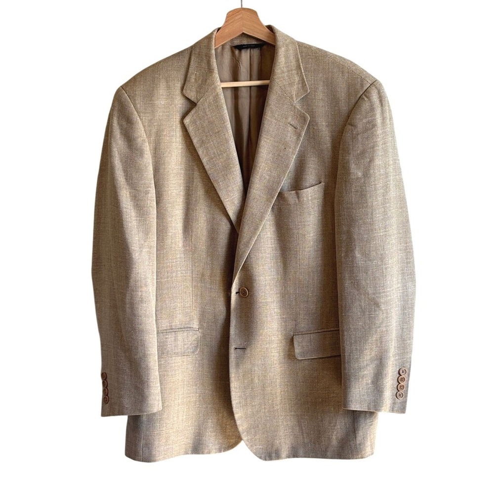 Brooks Brothers Blazer Tan Beige Mens 42R Silk Wool Linen Herringbone Sport Coat